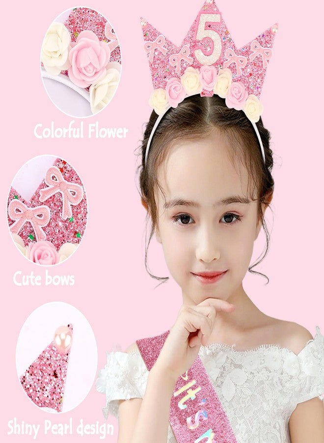 SuPoo 5th Birthday Decorations for Girl Pink Bow 5th Birthday Sash and Headband Crown for Girls Glitter Hair Band for Party 5 Year Old Flower Princess Tiara Hair Accessory Outfit Gift - Image 4